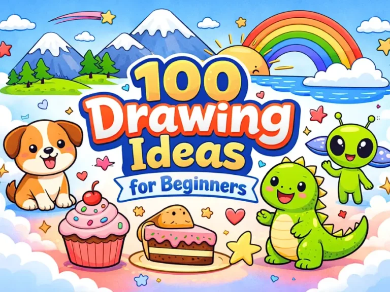 100 drawing ideas for beginners including animals, cartoons, nature, and simple objects