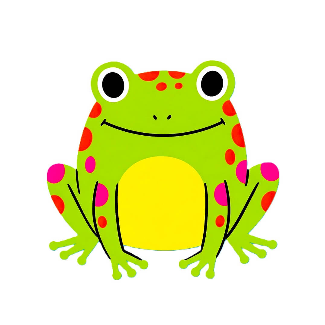 Finished colorful frog drawing on a lily pad, completed art tutorial from Draw A Fun.