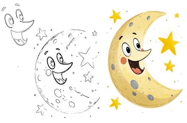 Drawing a full moon circle with tiny crater bumps on its surface.