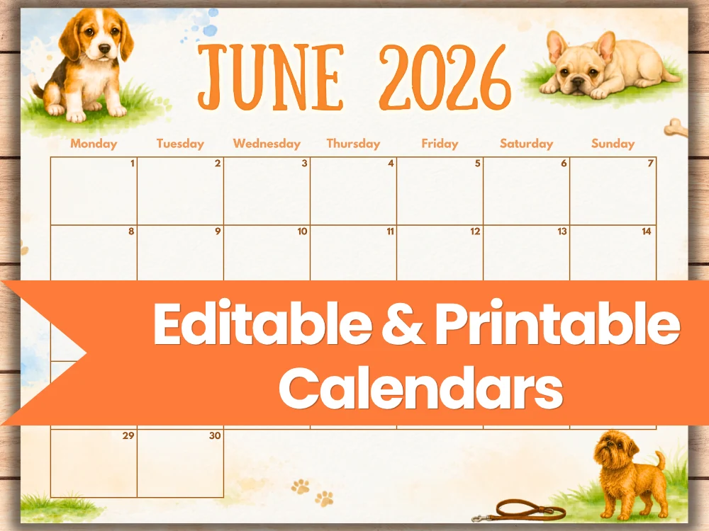 june 2026 editable and printable calendars dog themed