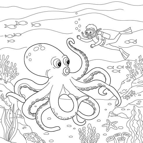 octopus with scuba diver free coloring page