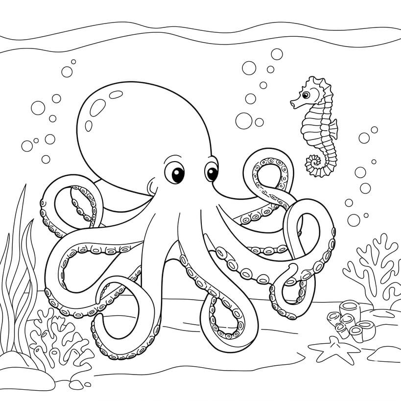 octopus coloring pages octopus with sea horse coloring sheet