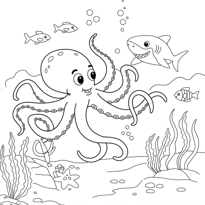 Octpus with shark coloring page