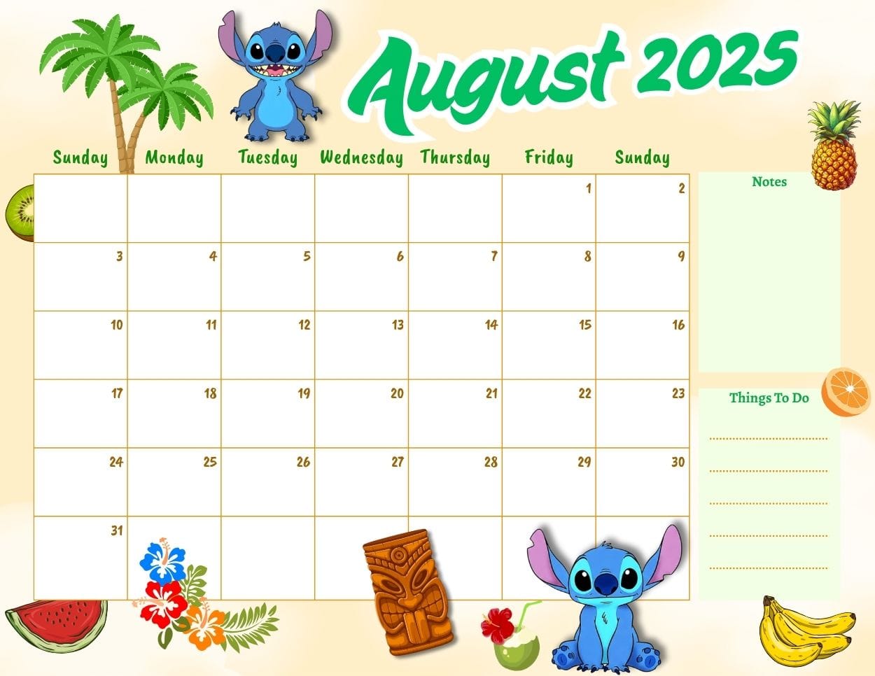Stitch Themed August 2025 Calendar 