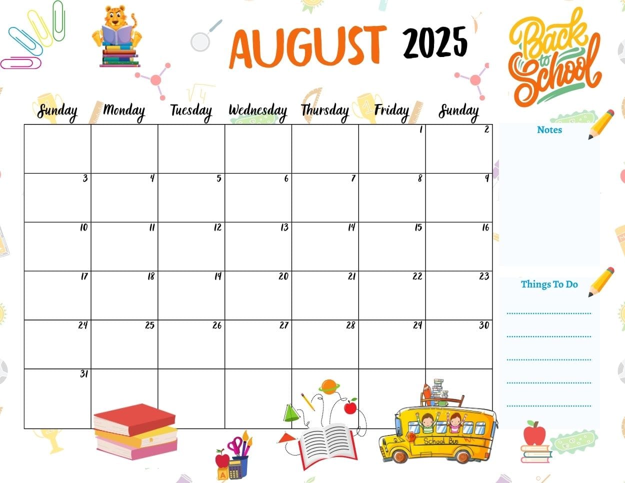 back to school theme 2025 august calendar