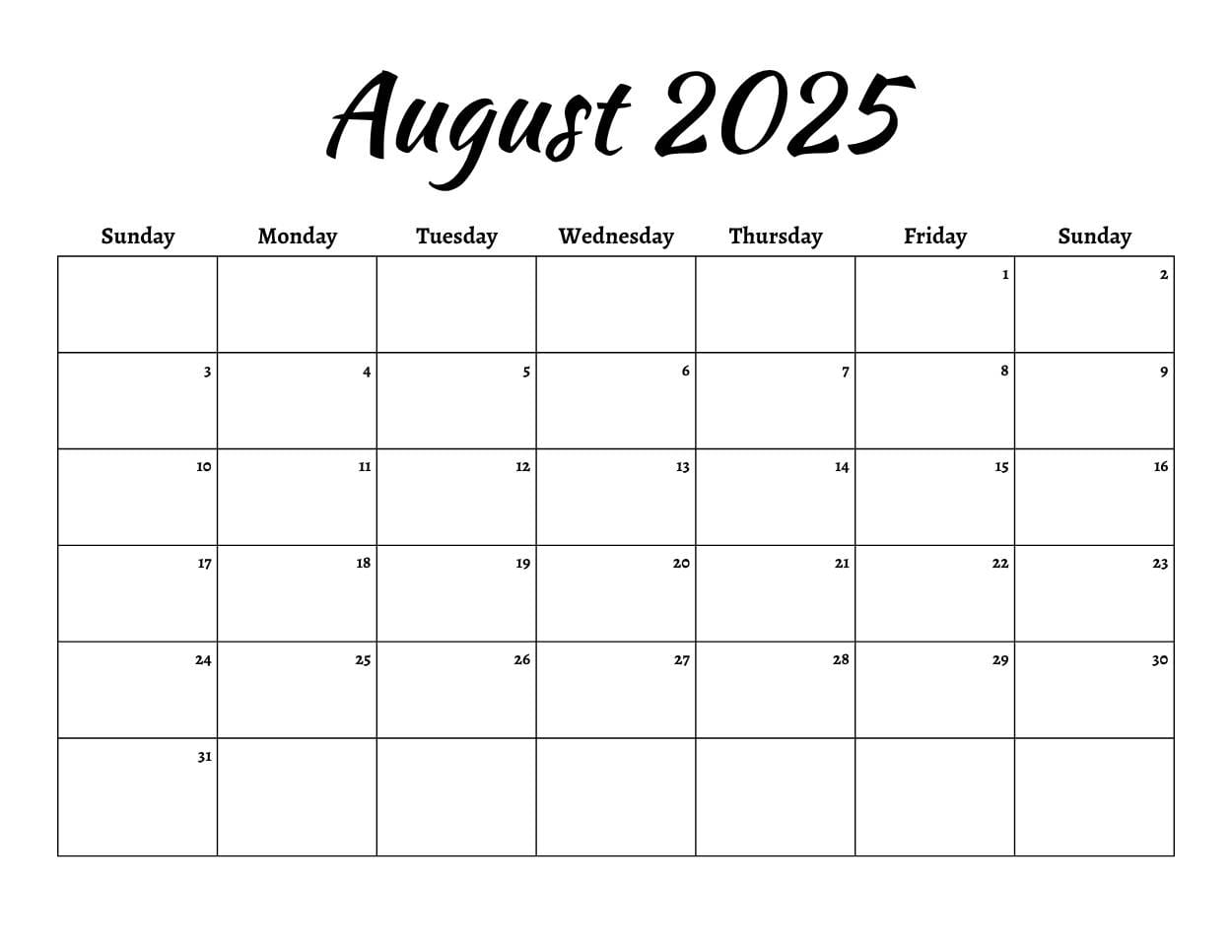 minimalist 2025 August Calendar