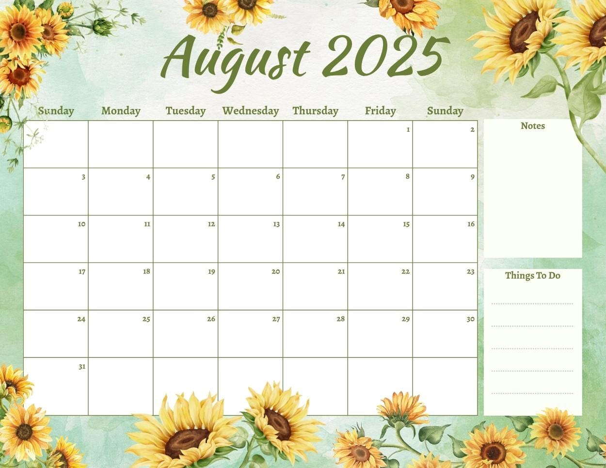 Sunflower 2025 august calendar
