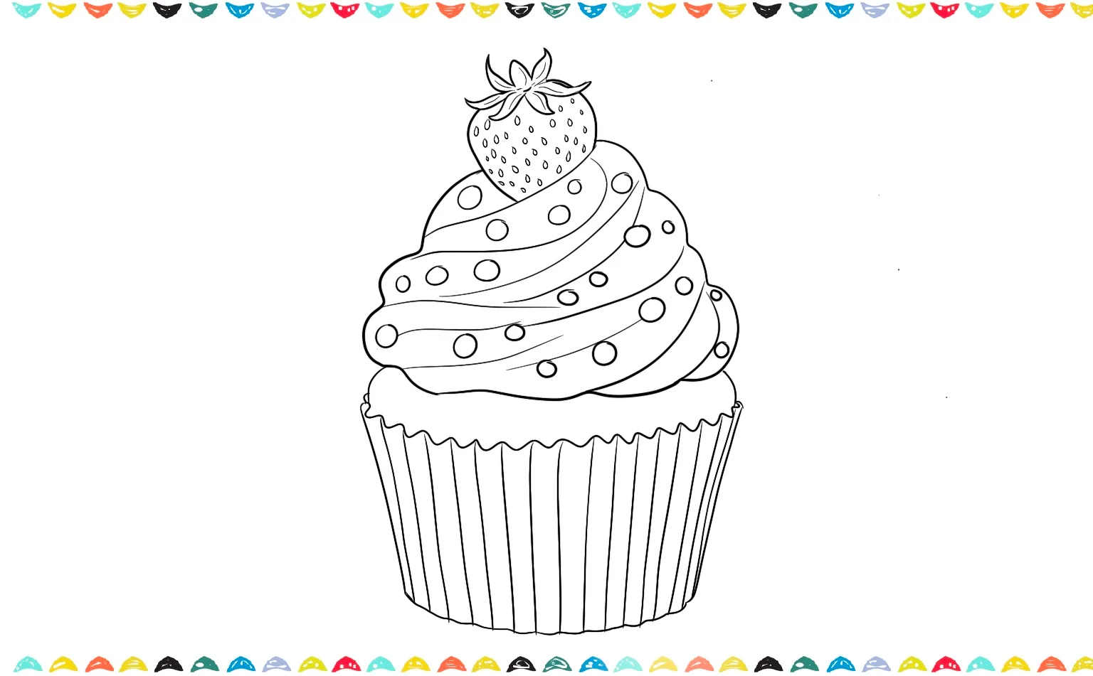 sketch an oval for the strawberry on top of the frosting with a pointed tip, leafy crown, and tiny dots step 9