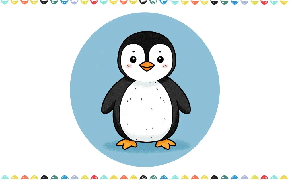 A final illustration of the penguin being colored in with black, white, and orange to complete the drawing process step 9 