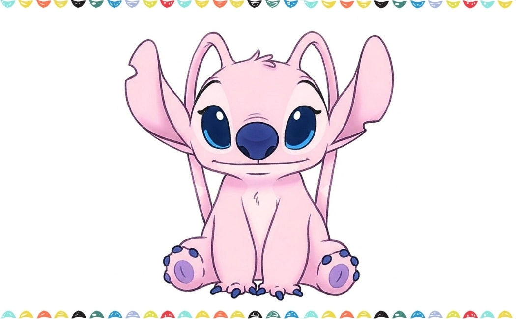 The final colored drawing of Angel with soft pink body and darker pink ears and antennae step 12