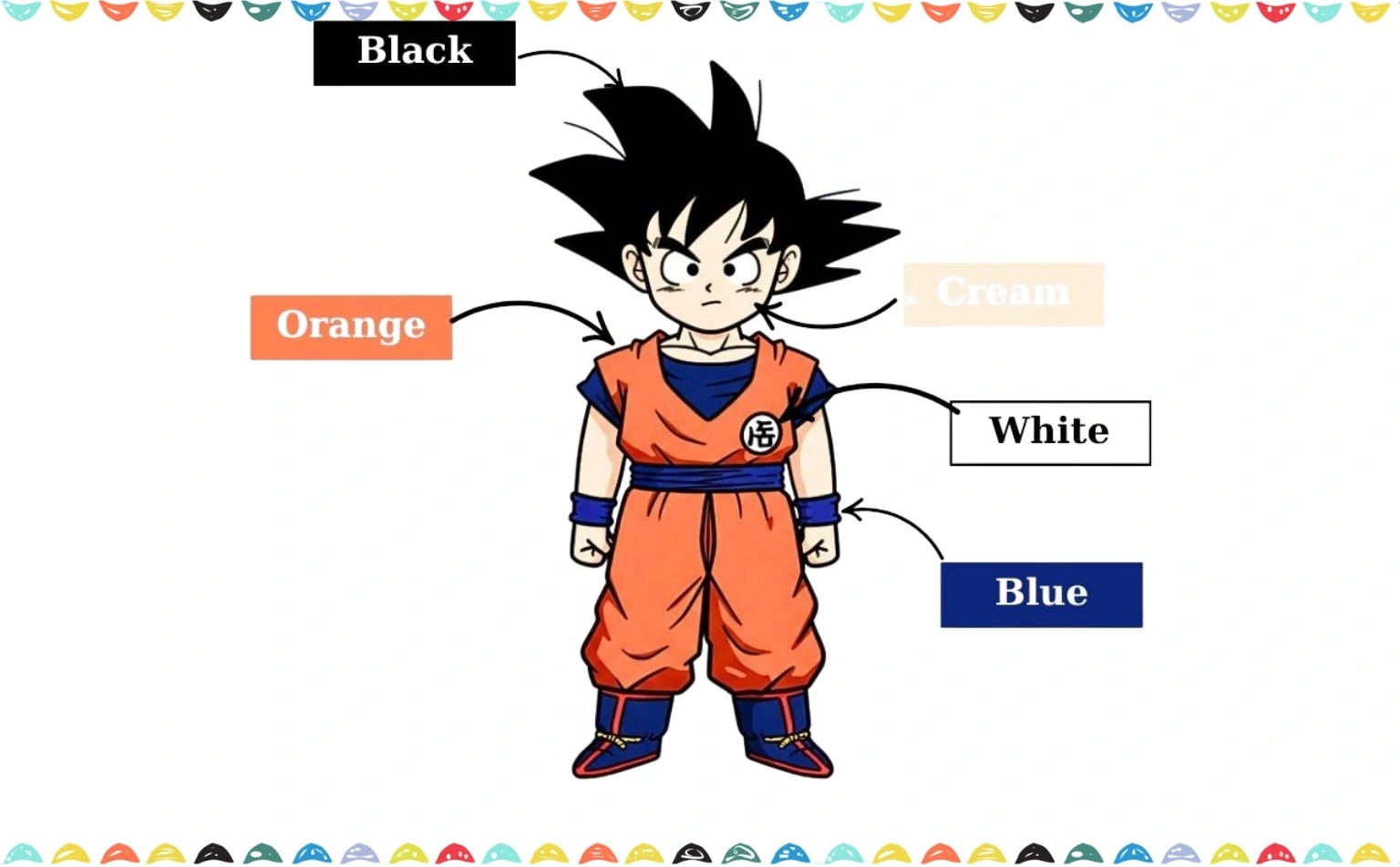 Coloring the Dragon Ball Z Goku drawing with bright orange, blue, black hair, and light skin tones step 13