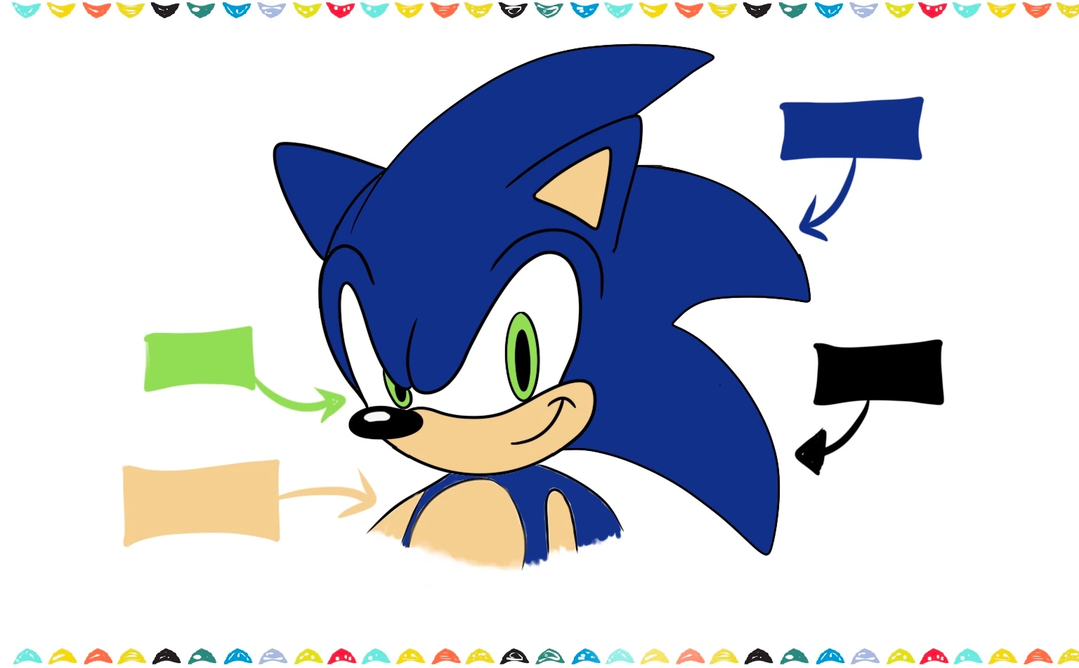 How to draw Sonic’s head - colored in blue, peach, green, and white step 9