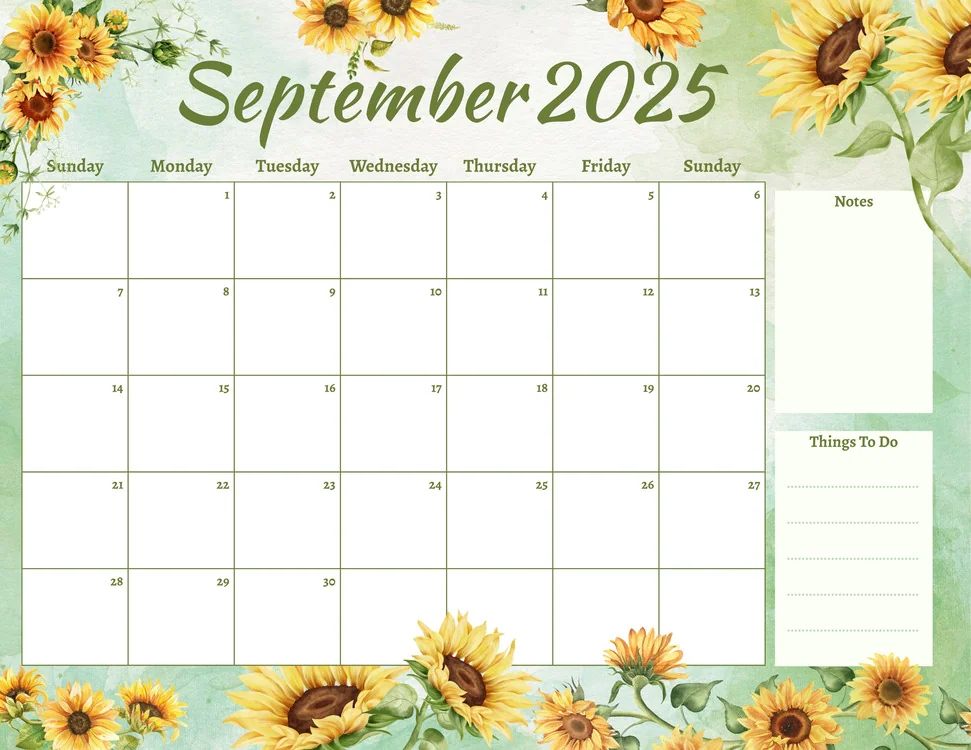 september 2025 calendar sunflower theme design cover image