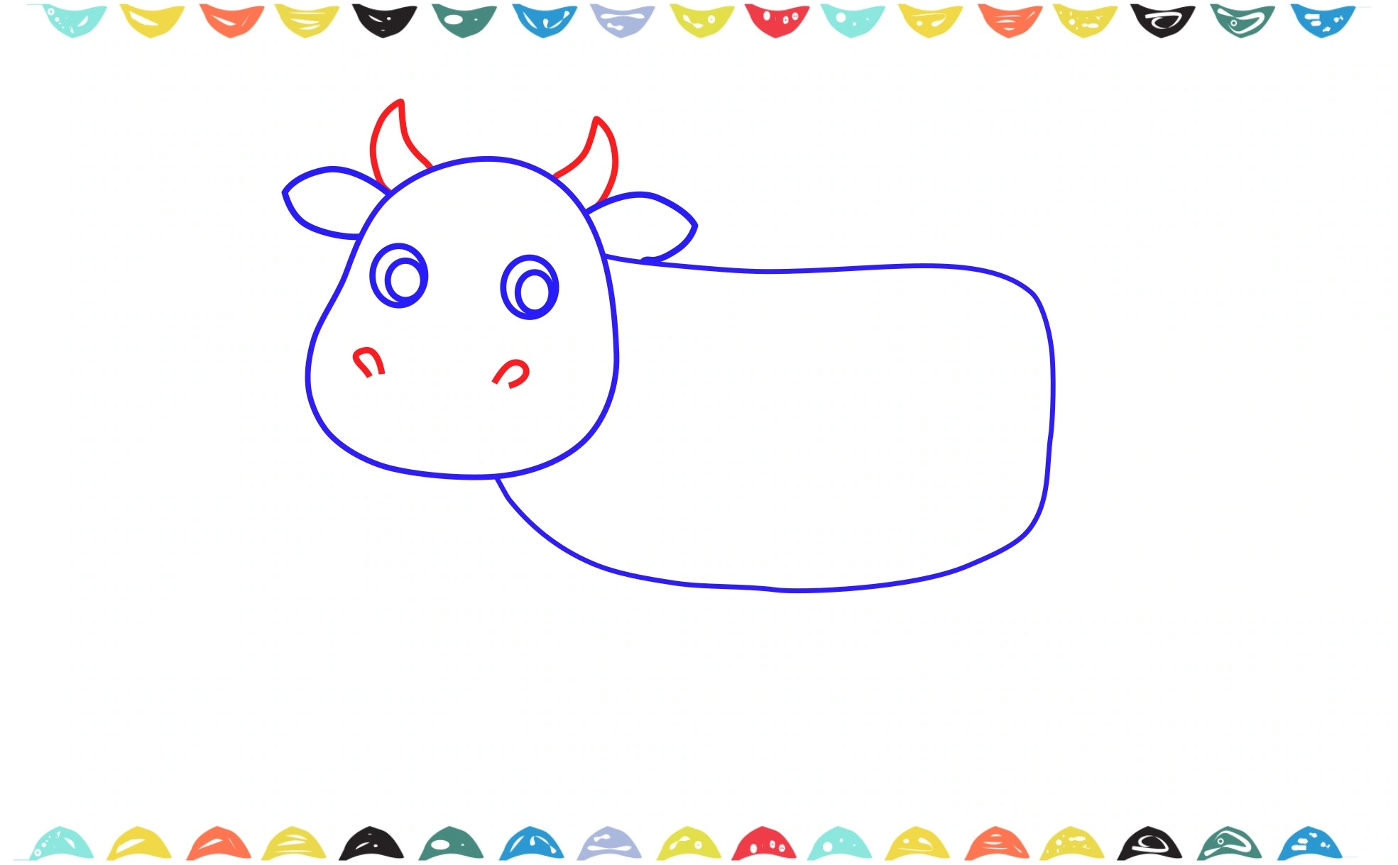 add two nostrils and two curved horns on the top of the cow's head step 4
