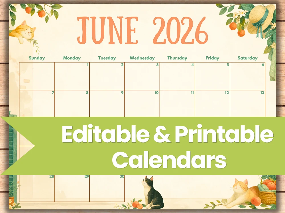 june 2026 editable and printable calendars cat themes