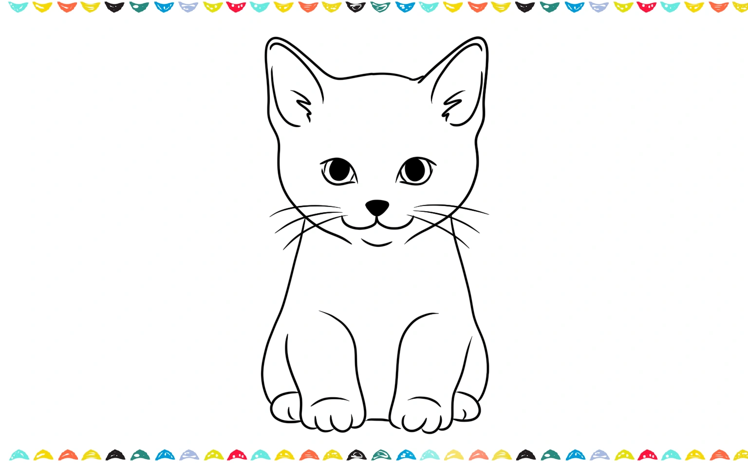 Add a short, rounded body and two front paws for the line drawing of the cat. Two back paws are tucked slightly behind step 3