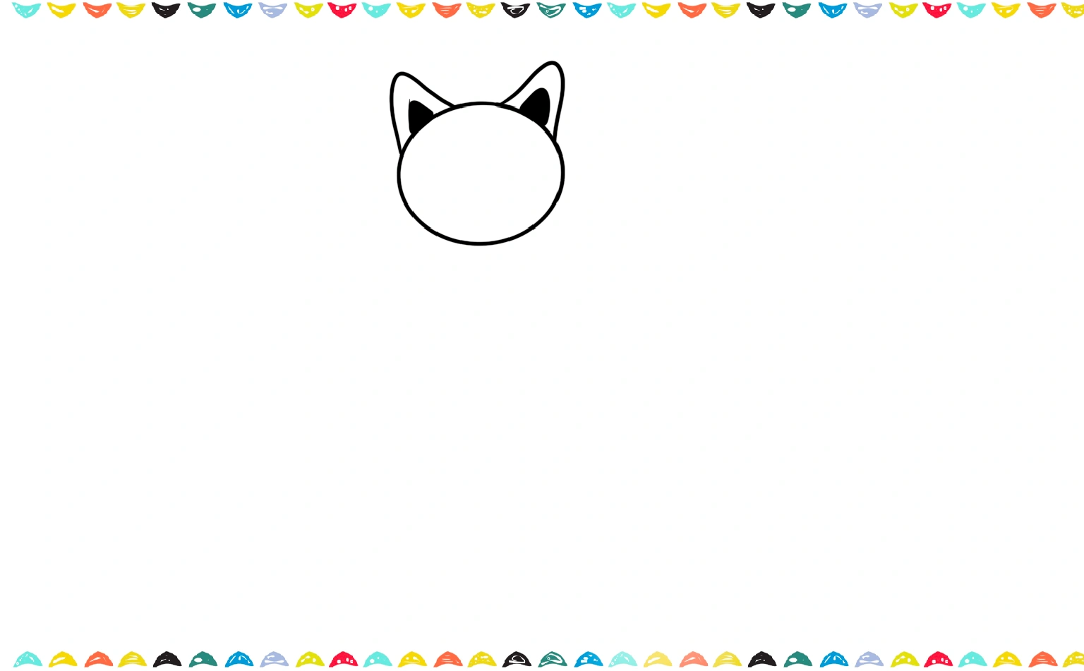 Draw an oval for the head with two pointy triangles on top for the ears for the line drawing cat step 1