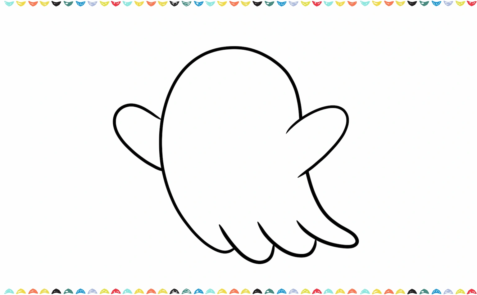 a ghost drawing showing how to add rounded, upward-pointing arm shapes to the ghost's body step 2