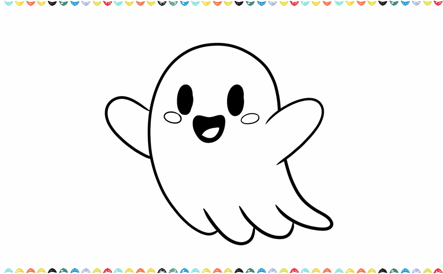 a ghost drawing showing two large oval eyes, a wide U-shaped mouth with a tongue step 3