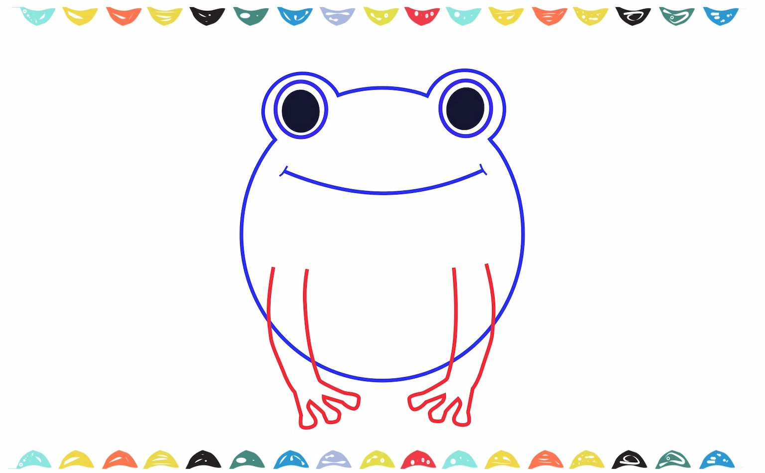 Draw the frog's webbed front feet and toes to the sides of a frog's body step 7