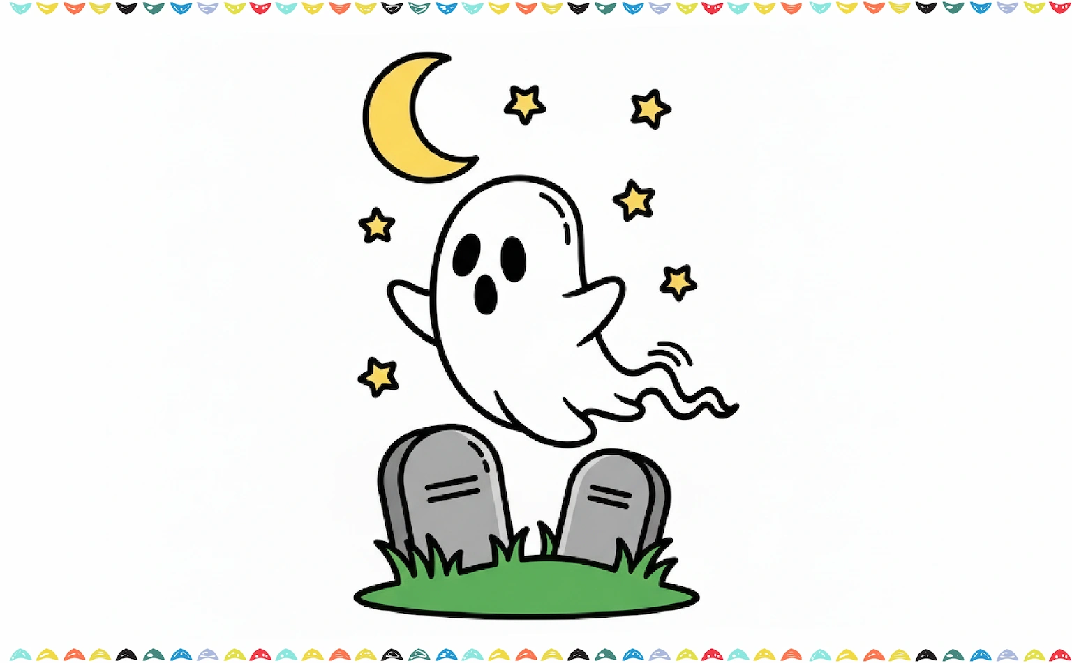 Finished ghost drawing colored white with a pale gray shadow and a soft yellow glow around it step 6