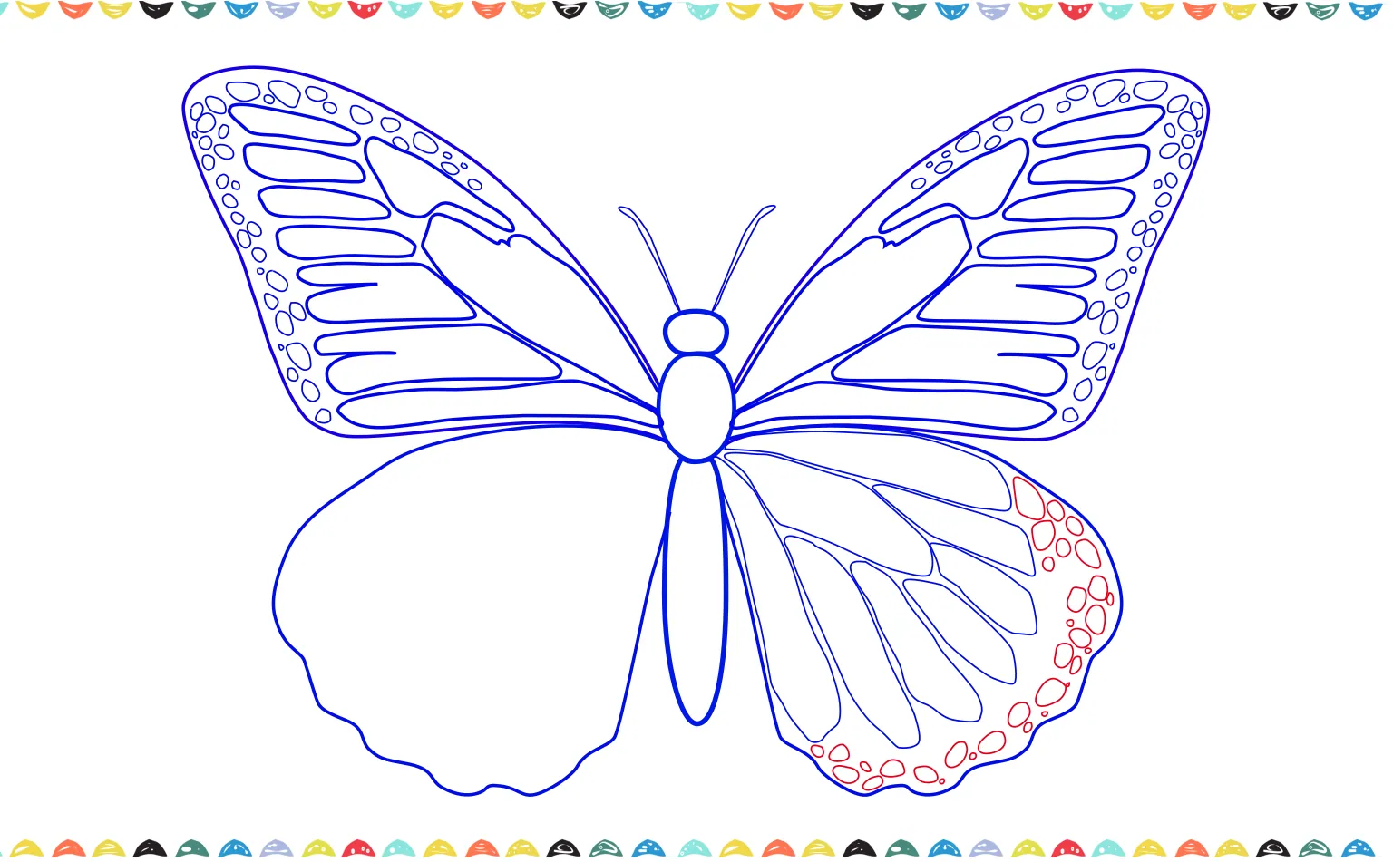 A monarch butterfly drawing in progress, with small white ovals and circles being added to the outer edges of its lower wings step 11