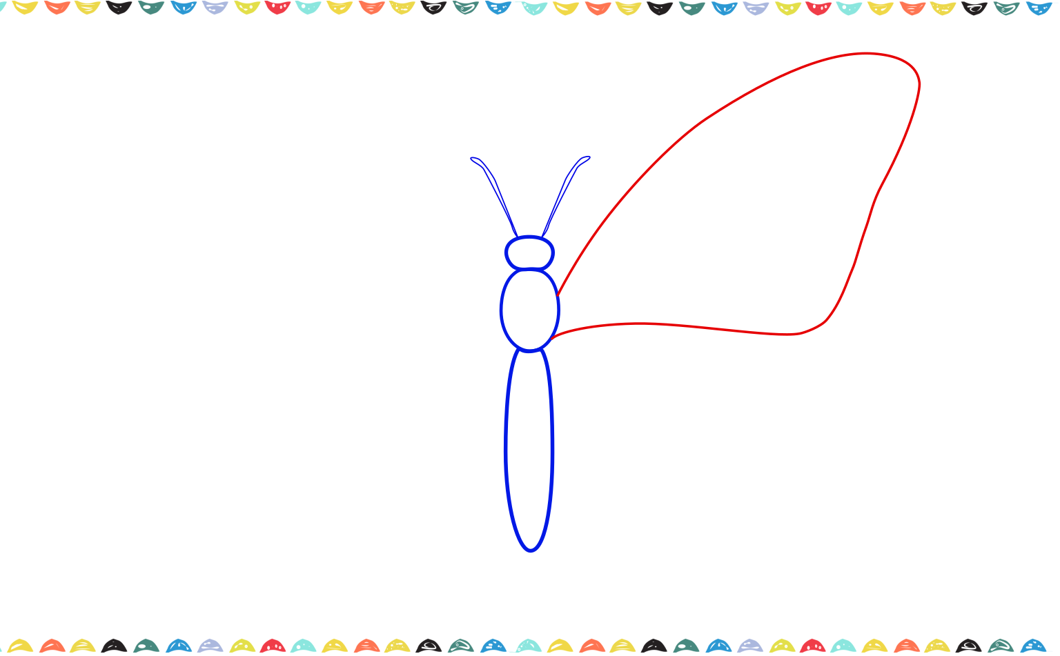 A step-by-step drawing of a butterfly, showing a large curved shape being added to one side of its body to form the first wing step 3