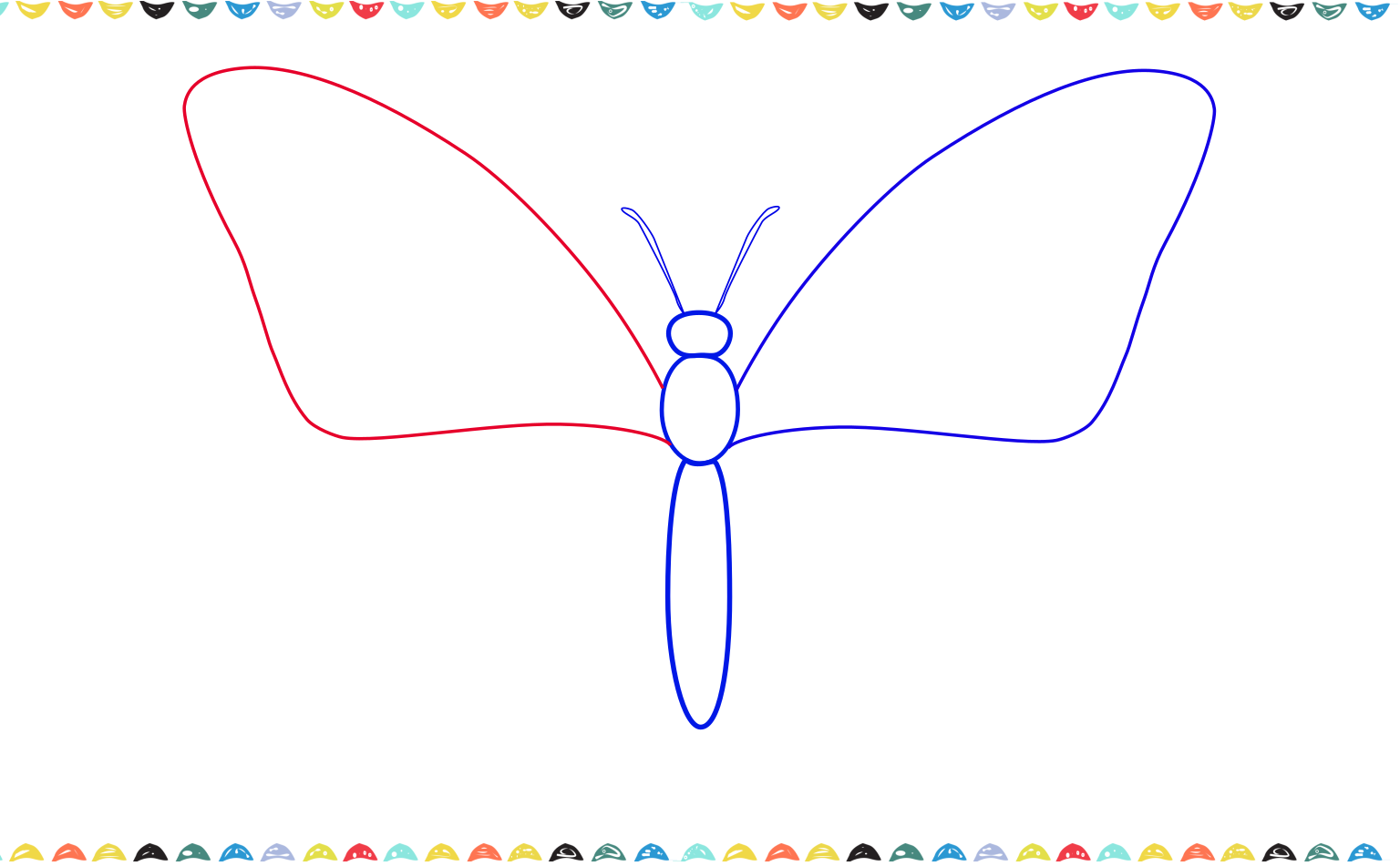 A step-by-step drawing shows the second, large curved wing being added to the monarch butterfly's body, creating a symmetrical shape step 4
