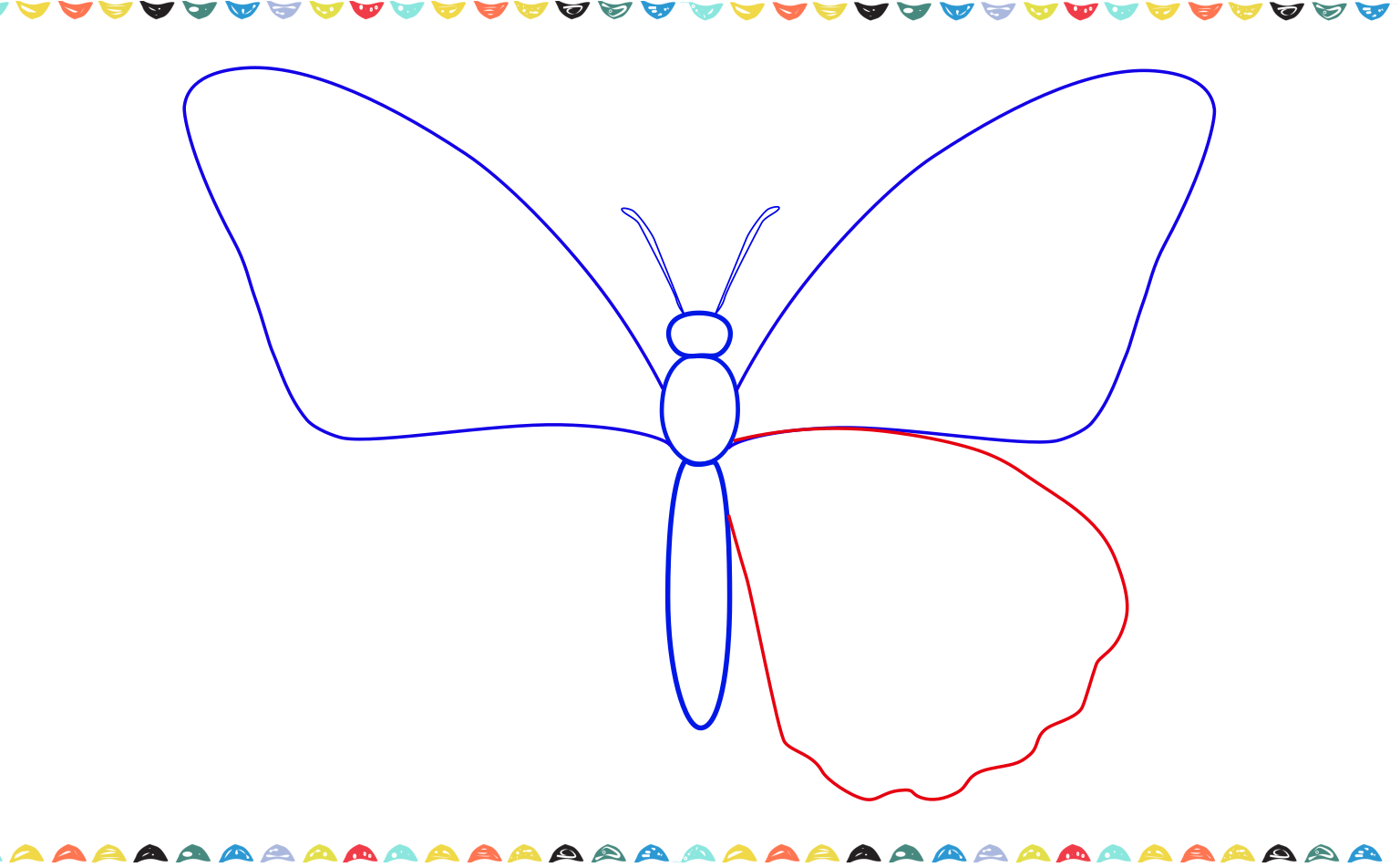 A step-by-step drawing shows how to add the bottom wings to a monarch butterfly sketch, illustrating the wing's teardrop shape step 5