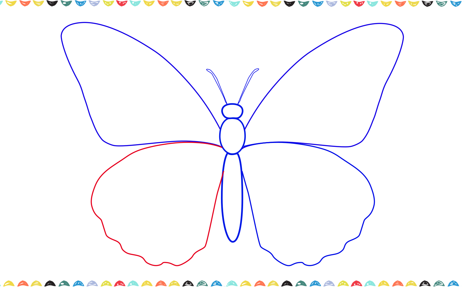 A step-by-step drawing tutorial showing a curved line being drawn to add the second lower wing to a monarch butterfly outline step 6