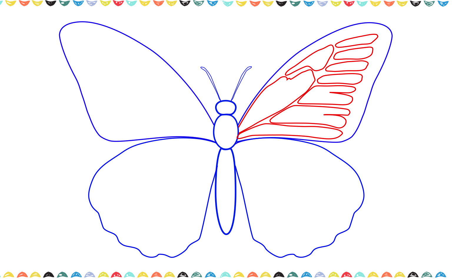 A simple, step-by-step drawing of a monarch butterfly wing, showing how to sketch small, curved rectangular sections to form the inner part of the wing step 7