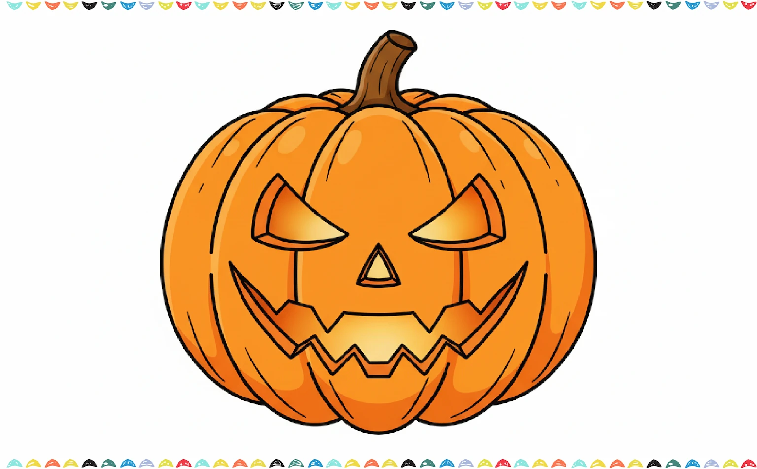 how to draw a pumpkin - colored in with a bright orange crayon, a brown stem, and a yellow face for step 10
