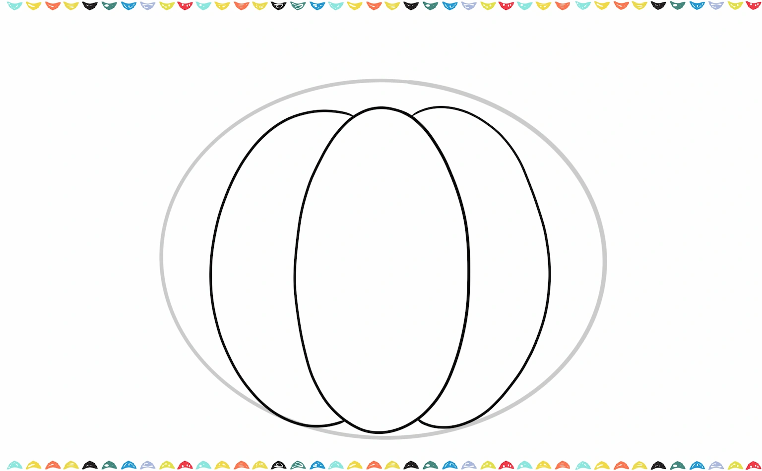 Sketch two curved, vertical lines, one on either side of a central oval, to create the pumpkin's segments step 3