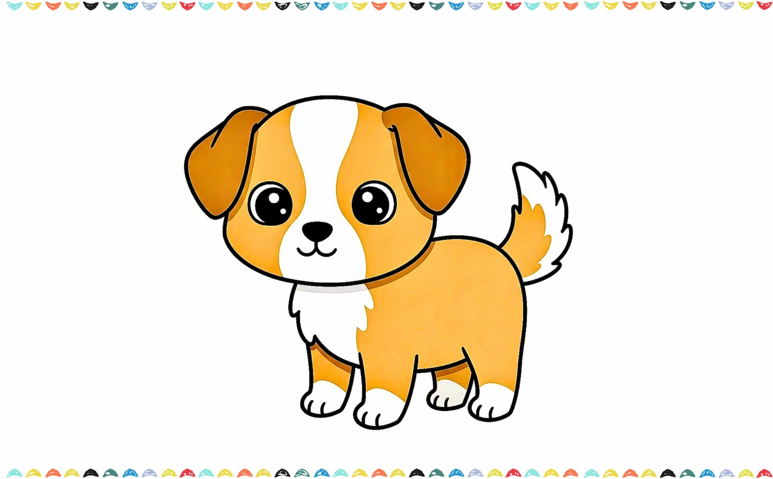 Colored and finished puppy drawing, showing the use of brown and white tones for the fur, with dark eyes and a hint of pink on the cheeks step 11
