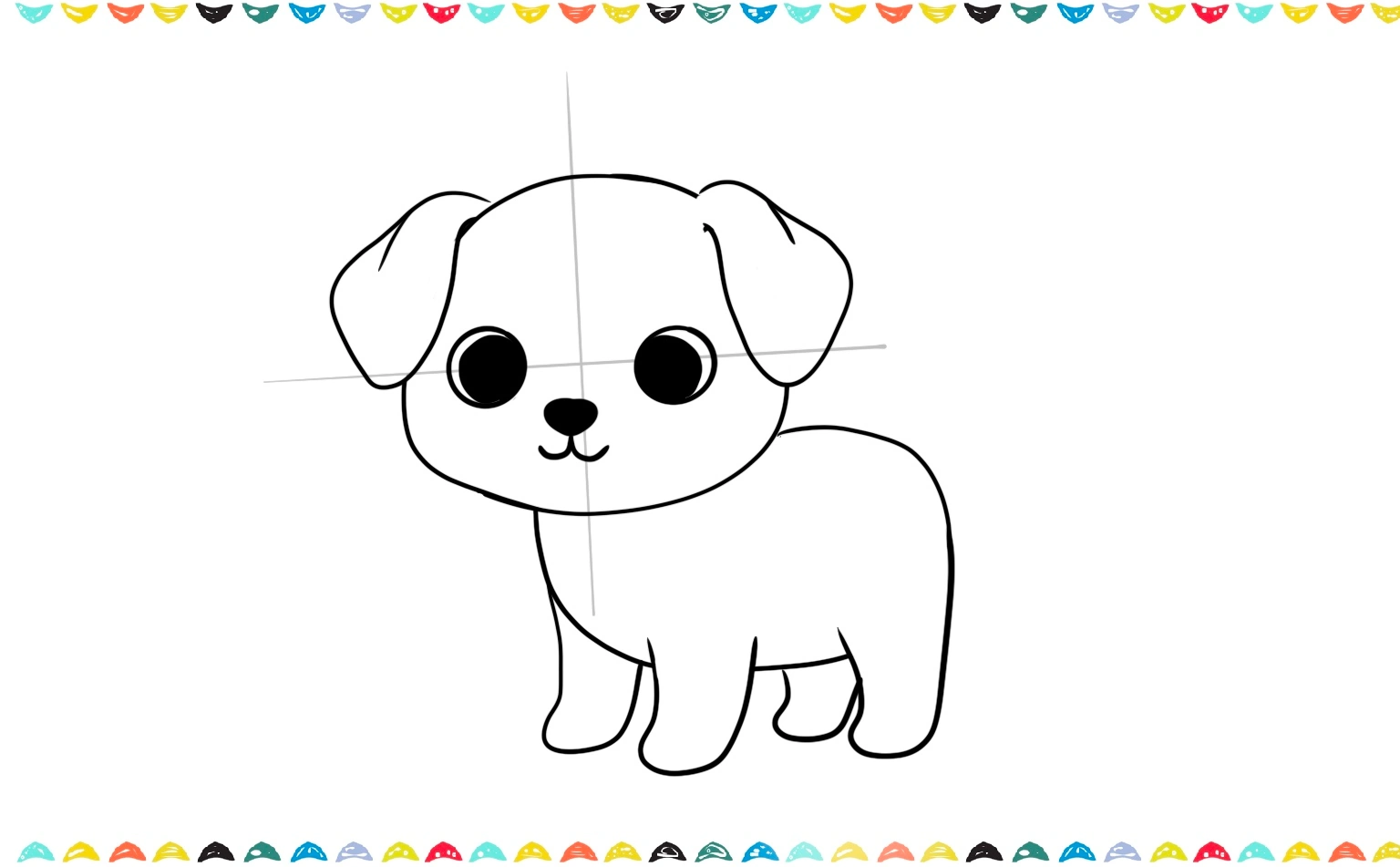 Add two large, round eyes with pupils, a small oval nose, and a curved, smiling mouth to the puppy's face step 8