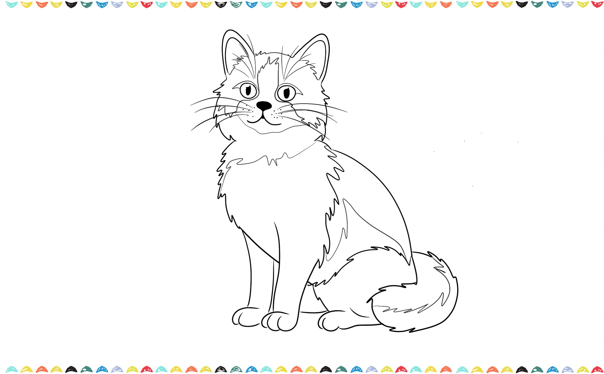 An illustration of a cat drawing with a detailed body showing stripes on the neck, tail, and zigzag lines on its body step 12