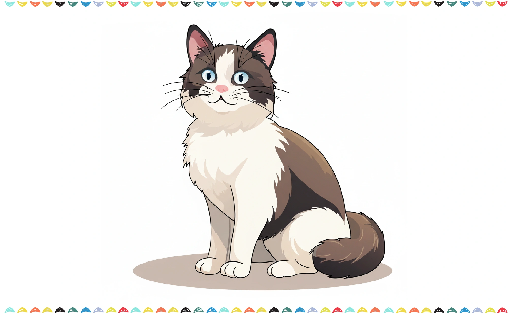 Finished and colored drawing of  the realistic cat colored in with dark brown on its ears, face, back, and fluffy tail, along with snowy white on its tummy and front paws step 13
