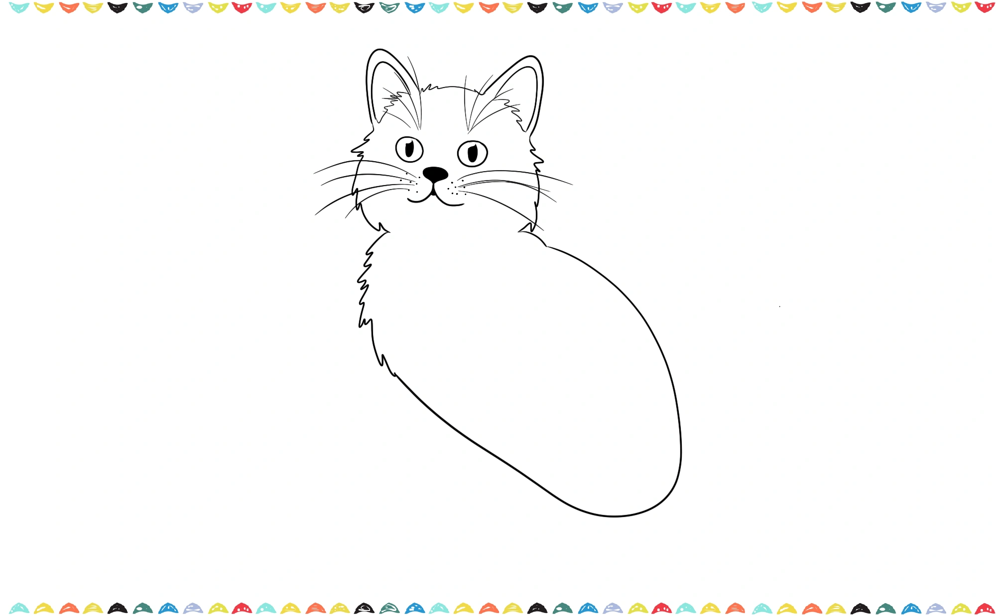 Draw a simple oval and curved lines for the cat's body and neck are shown connecting to the cat's head step 8