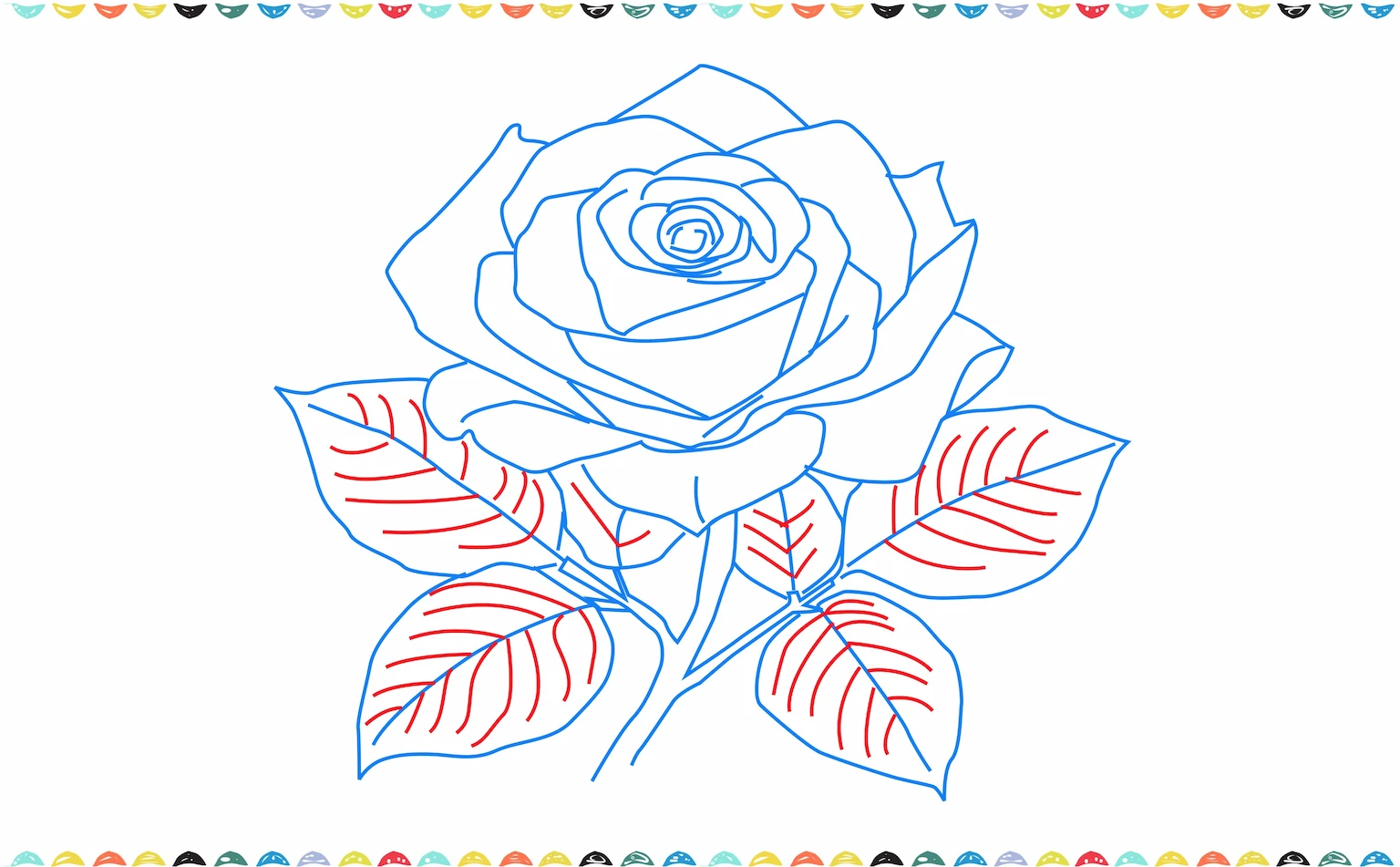 A close-up shot of the finished rose drawing, focusing on the leaves with their detailed veins sketched step 10