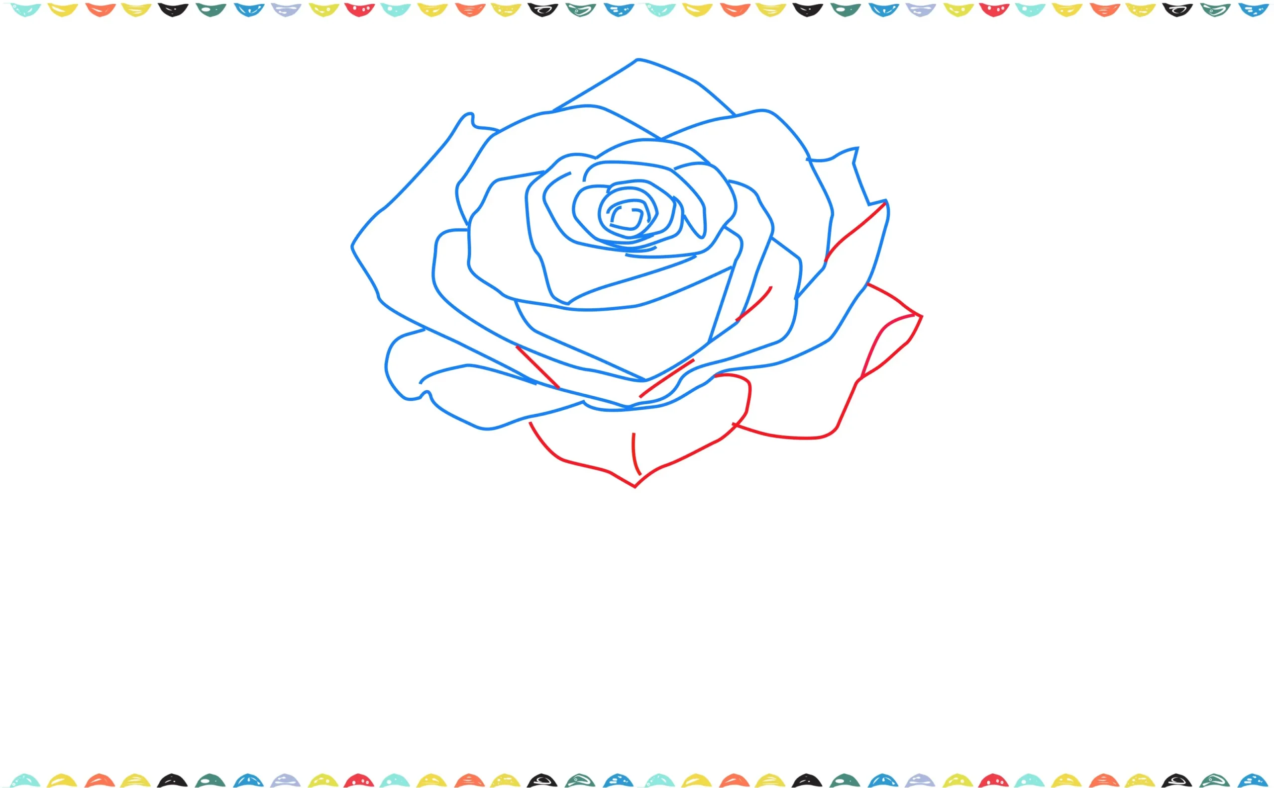 A close-up shot of a rose sketch, showing the outer petals horizontally away from the center spiral step 7