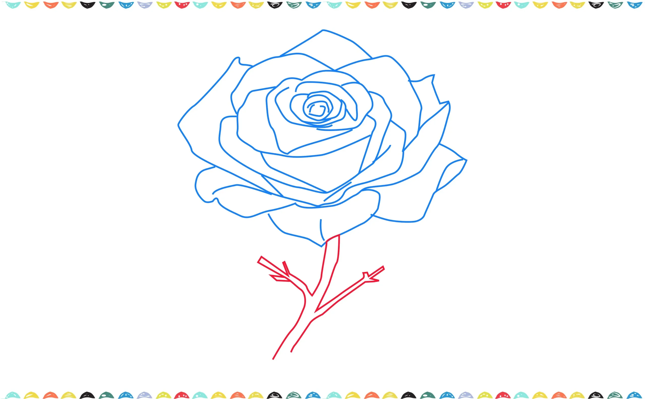 Sketch two slightly curved lines below the rose to create the rose's stem step 8