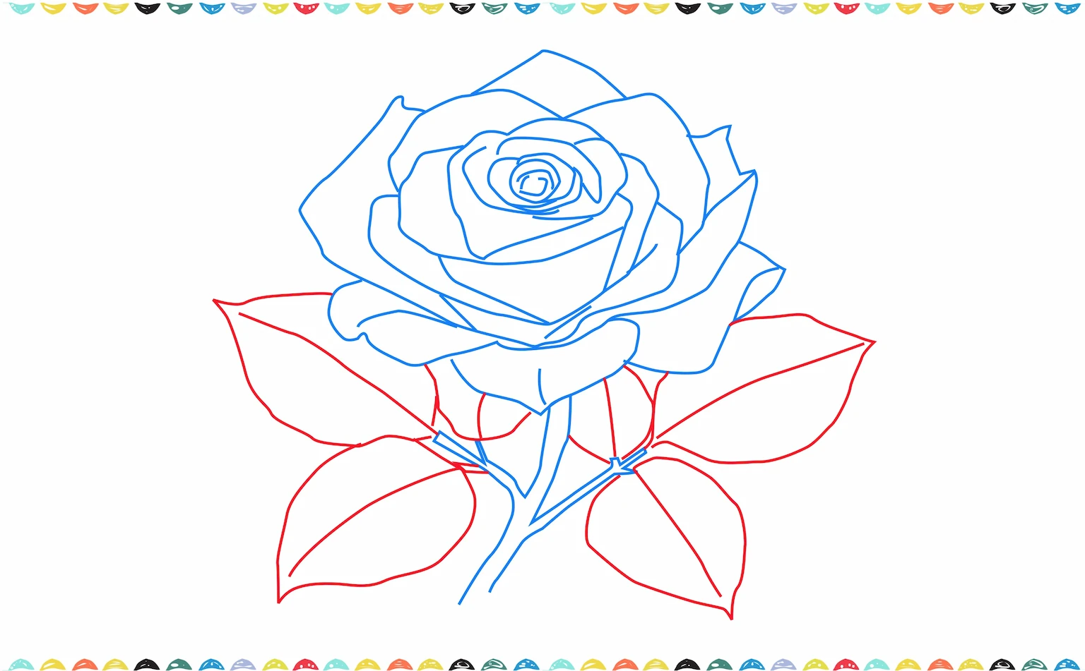 Add jagged-edged leaves with some little lines inside on the rose stem step 9