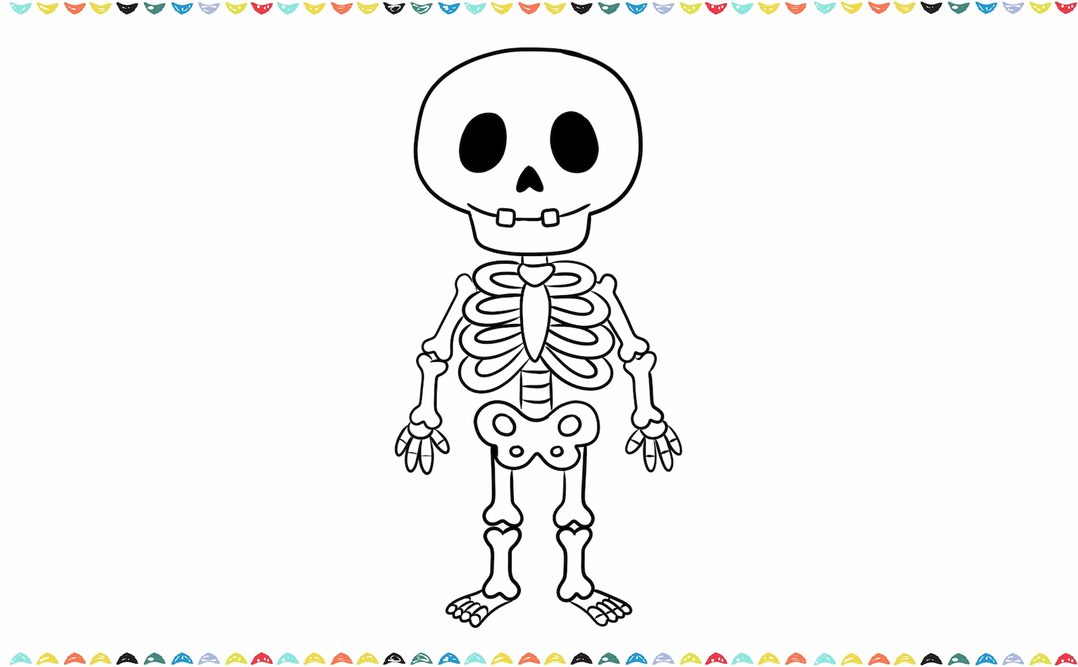 Draw two flat shapes for the skeleton's feet with tiny lines for toes step 12