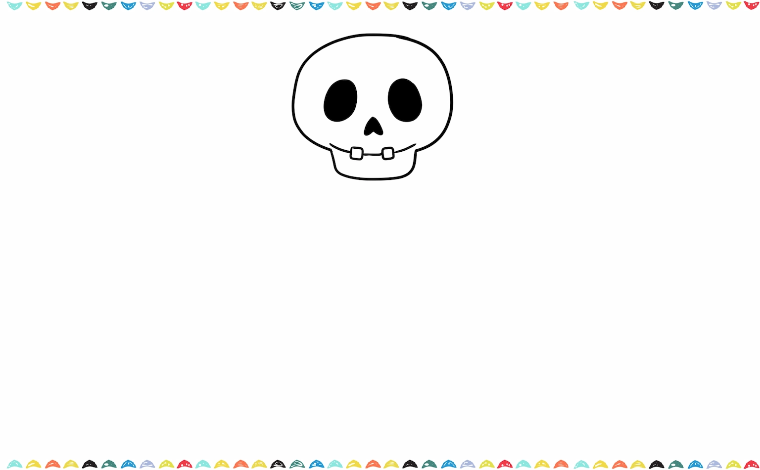sketch showing two oval eyes, a triangle nose, and a smiling mouth with square teeth being drawn on the skeleton's head step 4