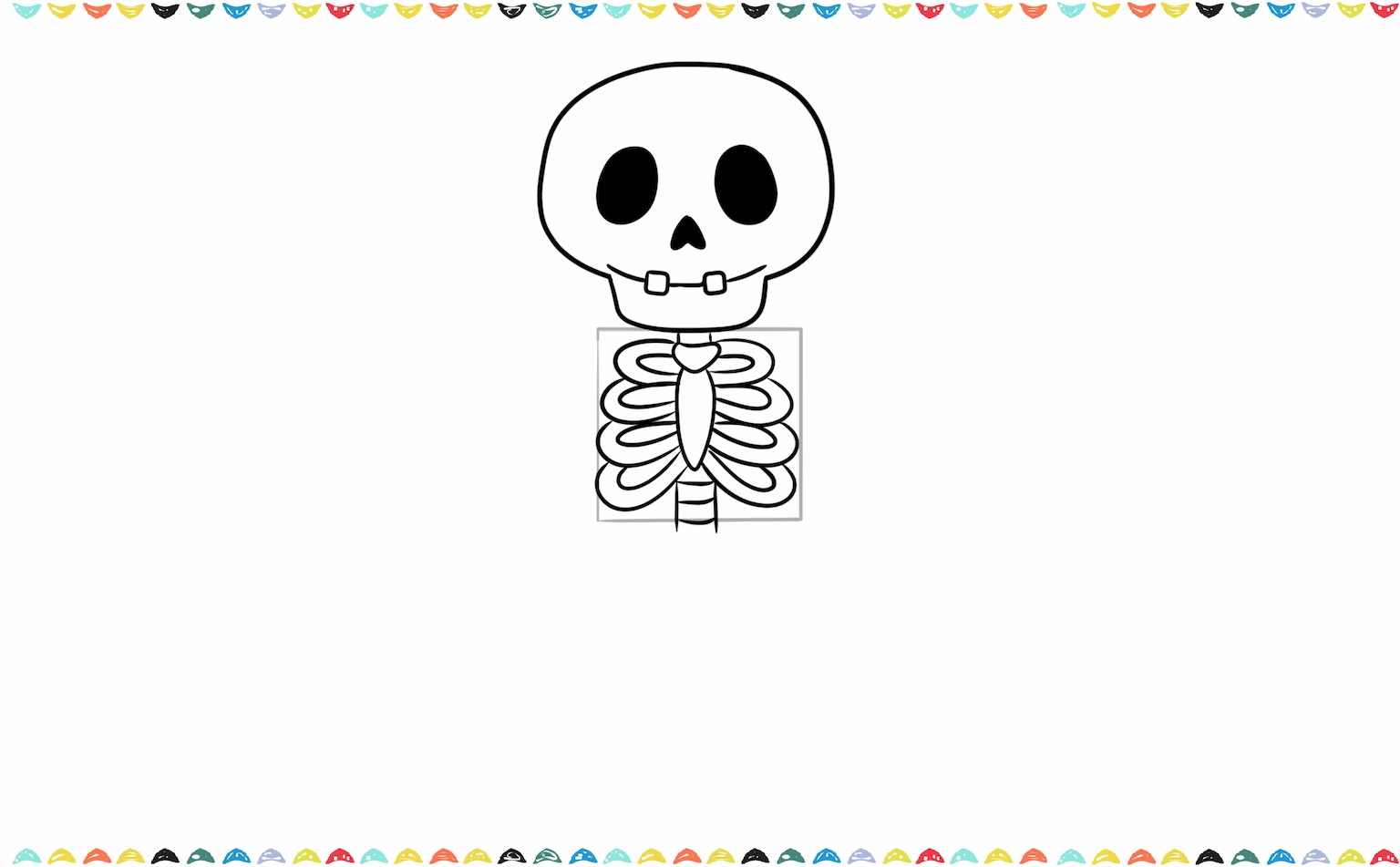 Sketch a long, curved line down the middle of the skeleton's body to form the spine step 7