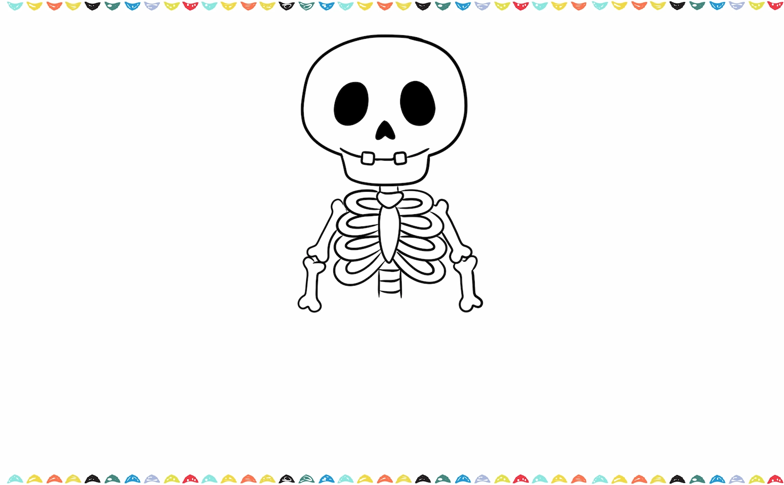 Add two long, thin arm bones on each side of the skeleton drawing's rib cage, with small ovals for the elbows step 8