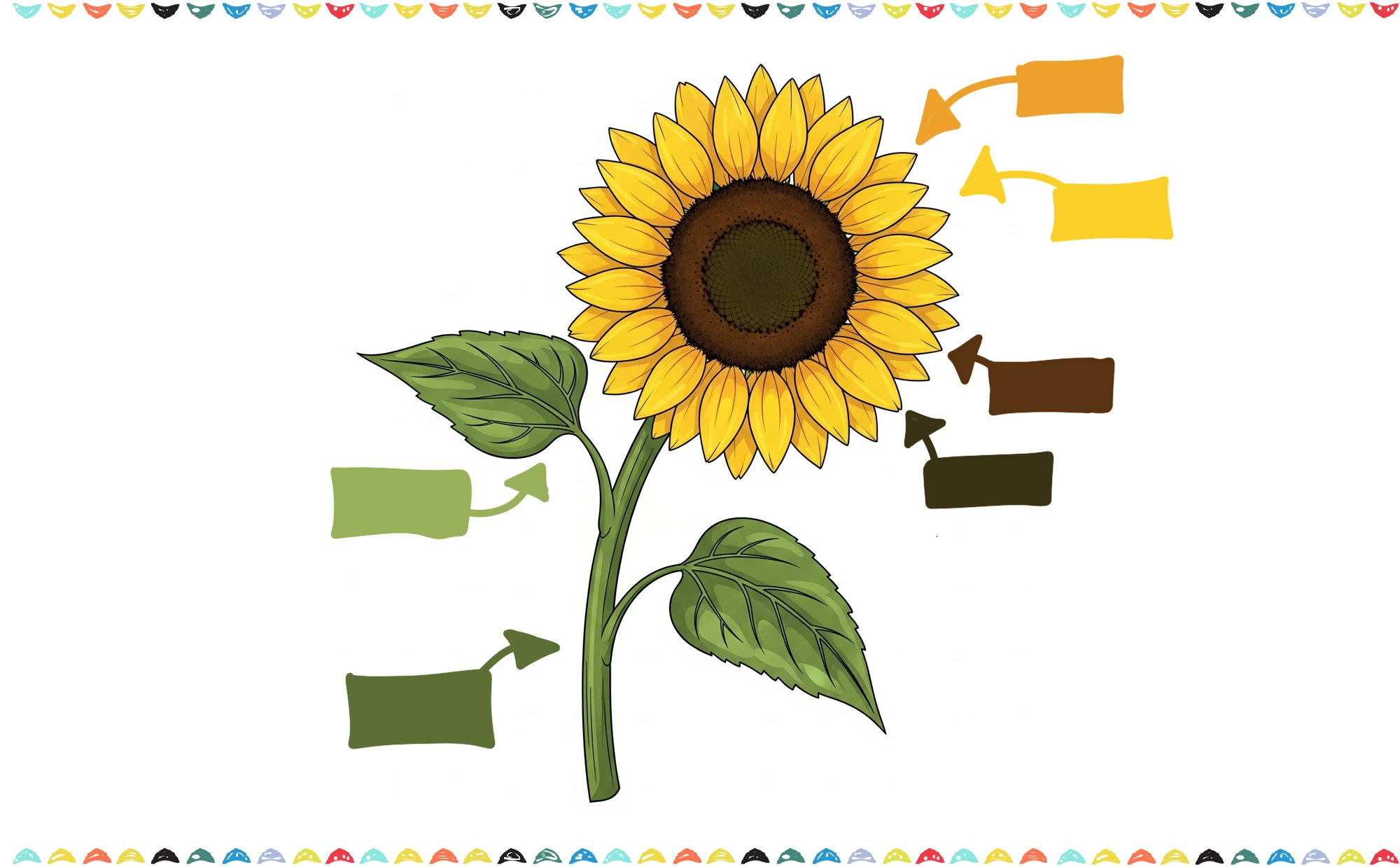 Add colors to sunflower drawing. The petals are yellow with subtle orange, the stem and leaves are green step 11