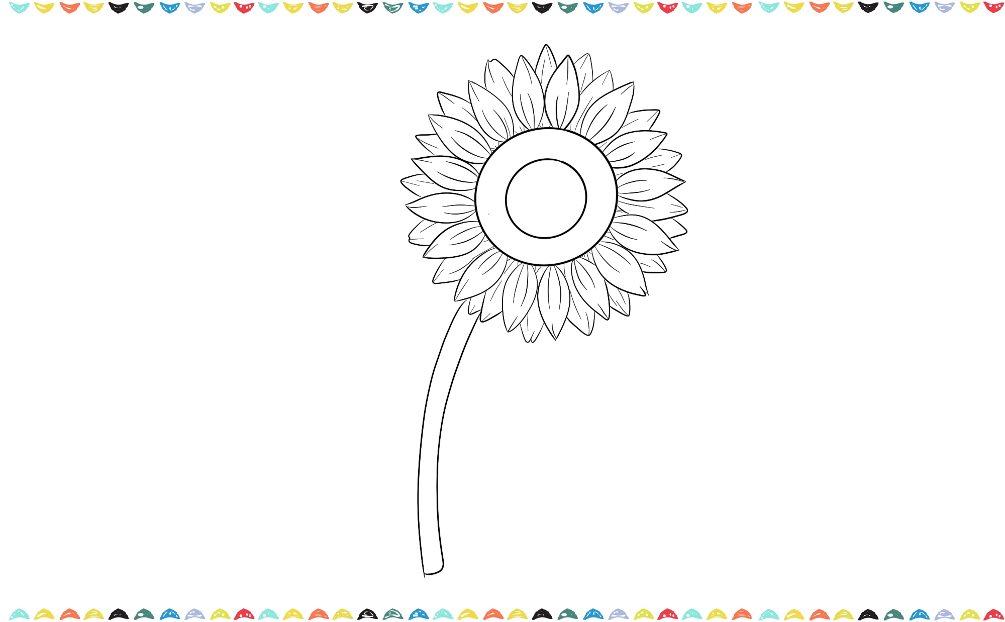 A sunflower with a large center circle, petals, and a long, slightly curved stem with a double line step 8