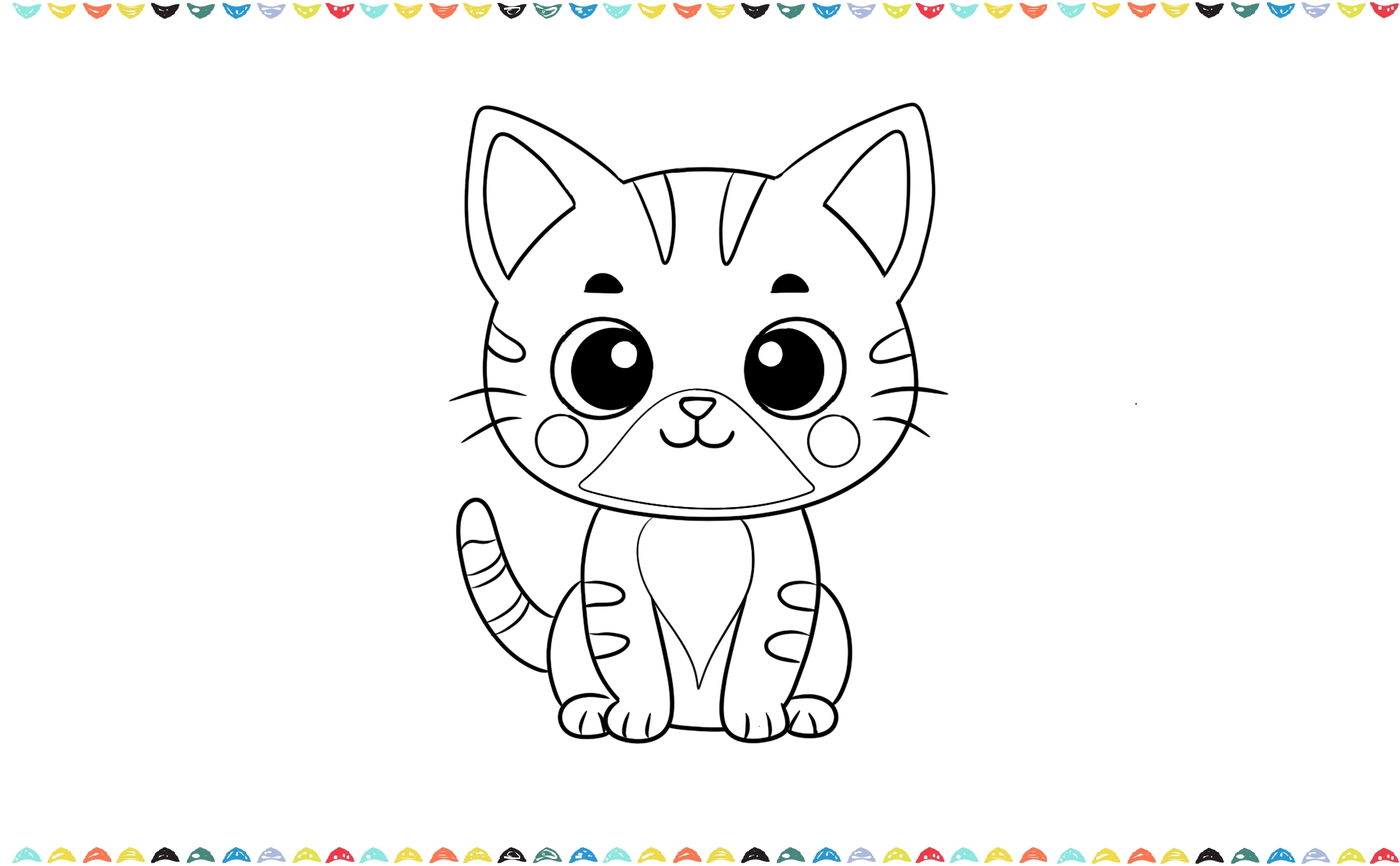 A cute, stylized cat drawing with a fluffy, striped tail and small spots on its body step 10