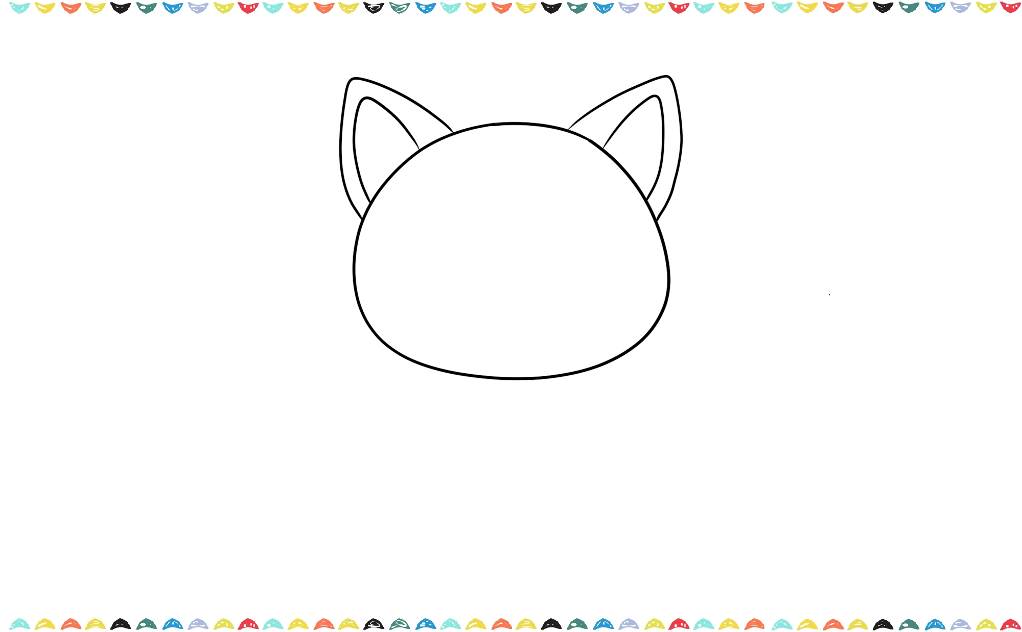A step-by-step image showing how to draw a cat's ears by adding two triangles to the top of a circular head step 3